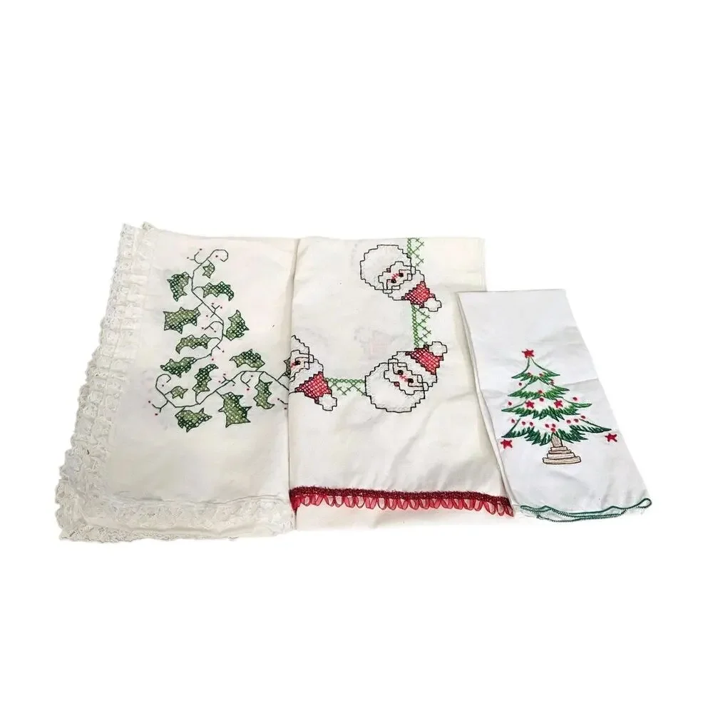 Lot Of 3 Vtg Embroidered Cross Stitch Christmas Santa Holly Linens Napkin Runner